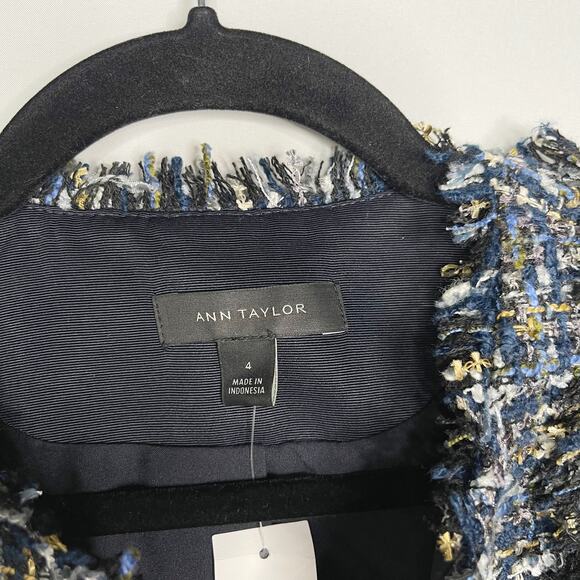 New Ann Taylor 4 Blue Black Ruffle Tweed Peplum Jacket Blazer Hook Eye Front - Picture 9 of 14